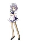  akase_rai back_bow bow braid brown_legwear crossed_arms flats hair_bow izayoi_sakuya long_legs maid maid_headdress pantyhose red_eyes silver_hair simple_background solo touhou twin_braids white_background 