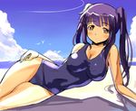  arm_support beach blush breasts cloud condensation_trail day eyebrows_visible_through_hair hand_on_hip large_breasts long_hair lying on_side one-piece_swimsuit original outdoors purple_hair red_eyes school_swimsuit sikorsky smile solo swimsuit twintails 