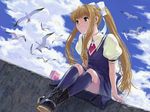  air bird blonde_hair blue_eyes cloud cross day dutch_angle flock juice_box kamio_misuzu kneehighs latin_cross long_hair naruko_hanaharu outdoors pleated_skirt ponytail school_uniform seagull sitting skirt sky smile solo very_long_hair 