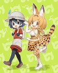  2girls animal_ear_fluff animal_ears backpack bag bare_shoulders black_hair blonde_hair blue_eyes bow bowtie commentary_request elbow_gloves eyebrows_visible_through_hair gloves helmet high-waist_skirt holding_strap kaban_(kemono_friends) kemono_friends loafers maneki-syorai multicolored_hair multiple_girls musical_note open_mouth pantyhose paw_pose pith_helmet print_gloves print_legwear print_skirt serval_(kemono_friends) serval_ears serval_print serval_tail shirt shoes short_hair short_sleeves shorts skirt sleeveless standing standing_on_one_leg t-shirt tail thighhighs yellow_eyes zettai_ryouiki 