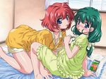  all_fours artist_request bed blue_eyes blush food green_hair long_hair looking_at_viewer low-tied_long_hair miyafuji_miina multiple_girls nightgown onegai_twins onodera_karen pajamas pocky red_hair 