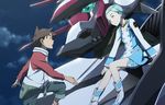  1girl aqua_hair boots brown_hair collar dress eureka eureka_seven eureka_seven_(series) hair_ornament hairclip long_sleeves mecha night night_sky nirvash purple_eyes raglan_sleeves renton_thurston sitting sky star white_footwear yoshida_ken'ichi 