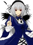  blue_dress breasts dress feathers frilled_sleeves frills hane_(hanegoya) index_finger_raised long_hair long_sleeves looking_at_viewer lowres medium_breasts pointing red_eyes rozen_maiden silver_hair simple_background smile solo suigintou upper_body white_background wings 