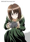  bangs blush brown_eyes brown_hair camera closed_mouth dress eyebrows_visible_through_hair glasses green_dress holding holding_camera long_sleeves looking_at_viewer lowres maria-sama_ga_miteru midori_(searchlight) neckerchief school_uniform short_hair smile solo squatting takeshima_tsutako upper_body watermark 