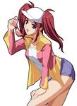  arm_support blue_eyes gundam gundam_seed gundam_seed_destiny hat leaning_forward legs long_sleeves looking_at_viewer meyrin_hawke red_hair shiikeru short_shorts shorts simple_background smile solo sunglasses twintails white_background 