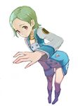  bent_over boots eureka eureka_seven eureka_seven_(series) foreshortening full_body green_hair gunpom hair_ornament hairclip long_sleeves looking_at_viewer purple_eyes short_hair simple_background solo standing white_background 