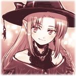  bare_shoulders braid caster elf fate/stay_night fate_(series) hat long_hair lowres monochrome pointy_ears solo suzunoya witch_hat 