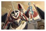  aqua_hair boots cloud collar dress eureka eureka_seven eureka_seven_(series) hair_ornament hairclip head long_sleeves mecha nirvash official_art solo standing sunset thigh_strap white_footwear yoshida_ken'ichi 