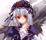  black_wings long_hair long_sleeves looking_at_viewer red_eyes rozen_maiden silver_hair smile solo suigintou tsukamichi_fumi upper_body wings 
