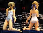  artoria_pendragon_(all) ass bare_shoulders barefoot blonde_hair blush breasts casual_one-piece_swimsuit dual_wielding fate/stay_night fate_(series) figure food from_behind green_eyes hair_bun hair_ribbon holding kneeling one-piece_swimsuit open_mouth photo popsicle ribbon saber short_hair small_breasts swimsuit white_swimsuit 