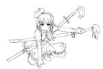  date_(senpen) greyscale katana konpaku_youmu lineart looking_at_viewer monochrome sheath sheathed sketch solo squatting sword touhou weapon 