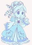  blue bow dress drill_hair frills fushigiboshi_no_futago_hime hatomugi_(mamotan) long_sleeves monochrome ponytail rein ribbon short_hair simple_background smile solo white_background 