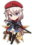  1girl 9a-91 9a-91_(girls_frontline) ammunition_pouch assault_rifle asymmetrical_bangs bangs beige_gloves beret black_footwear black_panties black_ribbon blue_dress blue_eyes boots center_opening chibi closed_mouth commentary_request dress eyebrows_visible_through_hair eyelashes eyes_visible_through_hair frilled_dress frills full_body girls_frontline gun hair_flaps hair_ornament hat holding holding_gun holding_weapon holster knife knife_holster leg_up light_blush light_frown logo long_hair looking_at_viewer microdress panties parted_bangs pleated_dress pouch puffy_short_sleeves puffy_sleeves rabochicken red_scarf red_star ribbon rifle scarf scope see-through short_sleeves solo star star_hair_ornament stomach suppressor thigh_boots thigh_holster thighhighs trigger_discipline tsurime underwear weapon white_background white_hair 
