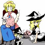  alice_margatroid apron basket black_eyes blonde_hair bow capelet chair character_doll closed_eyes doll dress frown hair_bow hairband hat holding_needle kirisame_marisa long_hair looking_back lowres mouth_hold multiple_girls mushroom needle oekaki sewing short_hair sitting smile touhou tyokan witch_hat 