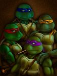  artist_request bandana brown_background donatello group_picture hand_on_another's_shoulder leonardo looking_at_viewer male_focus mask michelangelo mouth_hold multiple_boys no_humans pencil raphael realistic signature teenage_mutant_ninja_turtles wooden_pencil 