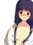  blue_hair blush breasts brown_eyes cleavage collarbone kitaooji_hanabi kizaki open_clothes open_shirt sakura_taisen sakura_taisen_iii shirt small_breasts solo 