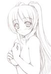  bangs blush closed_mouth covering covering_breasts eyebrows_visible_through_hair greyscale kousaka_tamaki lineart long_hair looking_at_viewer monochrome nude simple_background sin-go solo to_heart_2 upper_body white_background 