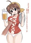  ahoge alcohol artist_request b-daman b-densetsu!_battle_b-daman bandana beer breast_grab breasts daiwa_mie grabbing hat holding holding_tray large_breasts lowleg lowleg_panties panties solo_focus translated tray underwear white_panties 