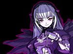  artist_request black_background holding long_hair long_sleeves pink_eyes pouring purple_shirt rozen_maiden shirt silver_hair smile solo suigintou white_skin wings 