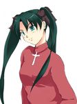  &gt;:) bangs breasts closed_mouth cross dozepara fate/stay_night fate_(series) green_eyes green_hair head_tilt long_hair long_sleeves looking_at_viewer medium_breasts red_sweater simple_background smile solo sweater toosaka_rin turtleneck twintails upper_body v-shaped_eyebrows white_background 