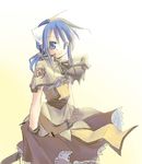  belt blue_eyes blue_hair ebisu_senri gradient gradient_background long_hair ponytail ragnarok_online smile solo standing swordsman_(ragnarok_online) white_background yellow_background 