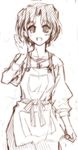  collarbone long_sleeves looking_at_viewer momiji_mao monochrome overalls short_hair simple_background sketch smile solo to_heart_2 white_background yuzuhara_haruka 