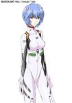  ayanami_rei bangs blue_hair bodysuit bracer breasts closed_mouth expressionless gloves hair_ornament looking_at_viewer lowres medium_breasts midori_(searchlight) neon_genesis_evangelion number pale_skin petite plugsuit red_eyes short_hair simple_background solo standing turtleneck watermark web_address white_background white_bodysuit 