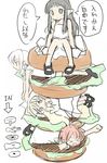  bangs binzume_yousei chiriri eyebrows_visible_through_hair food hamburger hororo in_food kururu long_hair mary_janes minigirl multiple_girls sarara shoes simple_background tatsukichi translated white_background 