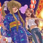  air balloon blonde_hair bow camisole denim hair_bow holding_hands japanese_clothes jeans kamio_haruko kamio_misuzu kimono long_hair long_sleeves lowres midriff multiple_girls naruko_hanaharu navel obi pants ponytail sash sidelocks yukata 