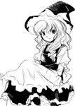  apron artist_request dress greyscale hair_ribbon hat high_contrast kirisame_marisa monochrome ribbon sitting solo source_request touhou tress_ribbon witch_hat 