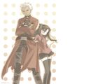  1girl archer black_hair bow crossed_arms dark_skin dark_skinned_male fate/stay_night fate_(series) hair_bow hand_on_hip height_difference long_sleeves narrowed_eyes riku_r tall thighhighs toosaka_rin turtleneck two_side_up white_hair 