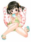  black_hair casual_one-piece_swimsuit child eating feet innertube inuburo one-piece_swimsuit original pink_eyes sandals shaved_ice short_hair short_twintails simple_background sitting solo swimsuit twintails white_background 