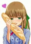  azusagawa_tsukino bread brown_hair chef_uniform food green_eyes hair_ribbon long_sleeves naruko_hanaharu ribbon simple_background solo white_background yakitate!!_japan 