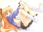  animal bed_sheet between_legs blonde_hair blue_eyes cat cat_between_legs e=mc2_(mosimosi) feet hair_ribbon jacket kanon legs_up long_sleeves lying miniskirt on_back open_mouth panties pantyshot pantyshot_(lying) pillow piro ribbon sawatari_makoto shirt skirt socks solo striped twintails underwear white_panties 