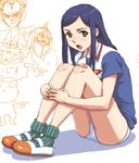  bandaid bandaid_on_knee blue_hair blush buruma dragon_ball dragon_ball_z full_body green_eyes gym_uniform knees_up kuga_natsuki leg_hug long_hair looking_at_viewer my-hime nigou oekaki open_mouth panties ribbed_legwear shoes short_sleeves sitting socks solo_focus underwear uwabaki vegeta white_panties 