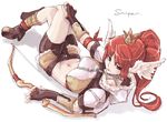  bow_(weapon) crown eyebrows_visible_through_hair face fingerless_gloves gloves hand_on_own_knee hat head_wings kyo_(kuroichigo) lying on_back ponytail ragnarok_online red_hair shorts sniper_(ragnarok_online) solo weapon 