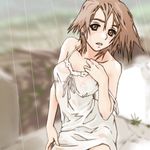 bare_arms bare_shoulders breasts brown_eyes brown_hair collarbone lingerie looking_at_viewer medium_breasts off_shoulder open_mouth original rain shirt short_hair solo temp_h underwear wet wet_clothes wet_shirt 