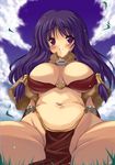  belly breasts huge_breasts kyougoku_shin long_hair mage_(ragnarok_online) no_panties pelvic_curtain plump purple_eyes purple_hair ragnarok_online solo spread_legs 