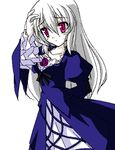  hand_on_own_head kasalelia long_hair long_sleeves pale_skin pink_eyes rozen_maiden silver_hair simple_background solo suigintou white_background 