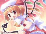  blonde_hair blouse blush bow flandre_scarlet hat kagura_yuuki laevatein looking_back one_side_up petticoat red_eyes ribbon short_hair skirt solo touhou wings wrist_cuffs 