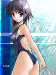  ass black_eyes black_hair competition_swimsuit highleg highleg_swimsuit komichi looking_at_viewer one-piece_swimsuit original purple_eyes purple_hair short_hair solo swimsuit 