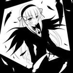  artist_request bangs eyebrows_visible_through_hair feathers framed greyscale high_contrast long_hair long_sleeves looking_at_viewer lowres monochrome rozen_maiden simple_background smile solo suigintou white_background 