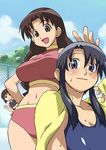  azumanga_daiou bikini black_eyes black_hair blush breasts brown_eyes brown_hair chain-link_fence child cirima cloud day fence hand_on_hip happy kaori_(azumanga_daiou) kurosawa_minamo large_breasts long_hair multiple_girls navel one-piece_swimsuit outdoors peeking school_swimsuit short_hair sidelocks sky smile sports_bikini swimsuit tanizaki_yukari tankini towel waving wet 