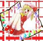  artist_request blonde_hair child flandre_scarlet hat heart heart_wings one_side_up panties pantyshot pantyshot_(sitting) pink_hat pink_legwear pink_shirt red_eyes red_footwear red_ribbon red_shirt red_skirt ribbon shirt shoes short_hair short_sleeves sitting skirt solo source_request striped striped_panties touhou underwear wings yellow_ribbon 