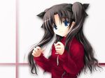  black_hair blue_eyes bow cross fate/stay_night fate_(series) hair_bow hands_up long_hair long_sleeves looking_at_viewer shion_(kawasemi) solo toosaka_rin turtleneck two_side_up 