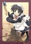  :d black_eyes black_hair broom holding holding_broom leaf long_sleeves maid maid_headdress mitsumi_misato open_mouth original pantyhose smile solo 