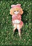 amano_takumi blonde_hair bloomers bow dress drill_hair flower grass green_eyes grin hair_bow hina_ichigo holding long_sleeves looking_at_viewer outdoors pink_bow pink_dress plate rozen_maiden short_hair sitting smile solo underwear white_bloomers 