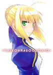  :3 ahoge artoria_pendragon_(all) blonde_hair fate/stay_night fate_(series) green_eyes looking_at_viewer profile ribbon saber sidelocks solo task_owner 