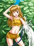  armpits blonde_hair blush camisole crop_top cross_channel flat_chest hose inue_shinsuke long_hair midriff one_eye_closed short_shorts shorts solo water yamanobe_miki yellow_eyes 