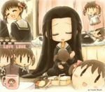  :d ^_^ artist_name black_hair brown_hair character_doll closed_eyes cup dakimakura_(object) doll fujieda_miyabi fukuzawa_yumi halo hosokawa_kanako implied_yuri jpeg_artifacts long_hair maria-sama_ga_miteru mug open_mouth pillow school_uniform sewing smile solid_oval_eyes solo twintails 